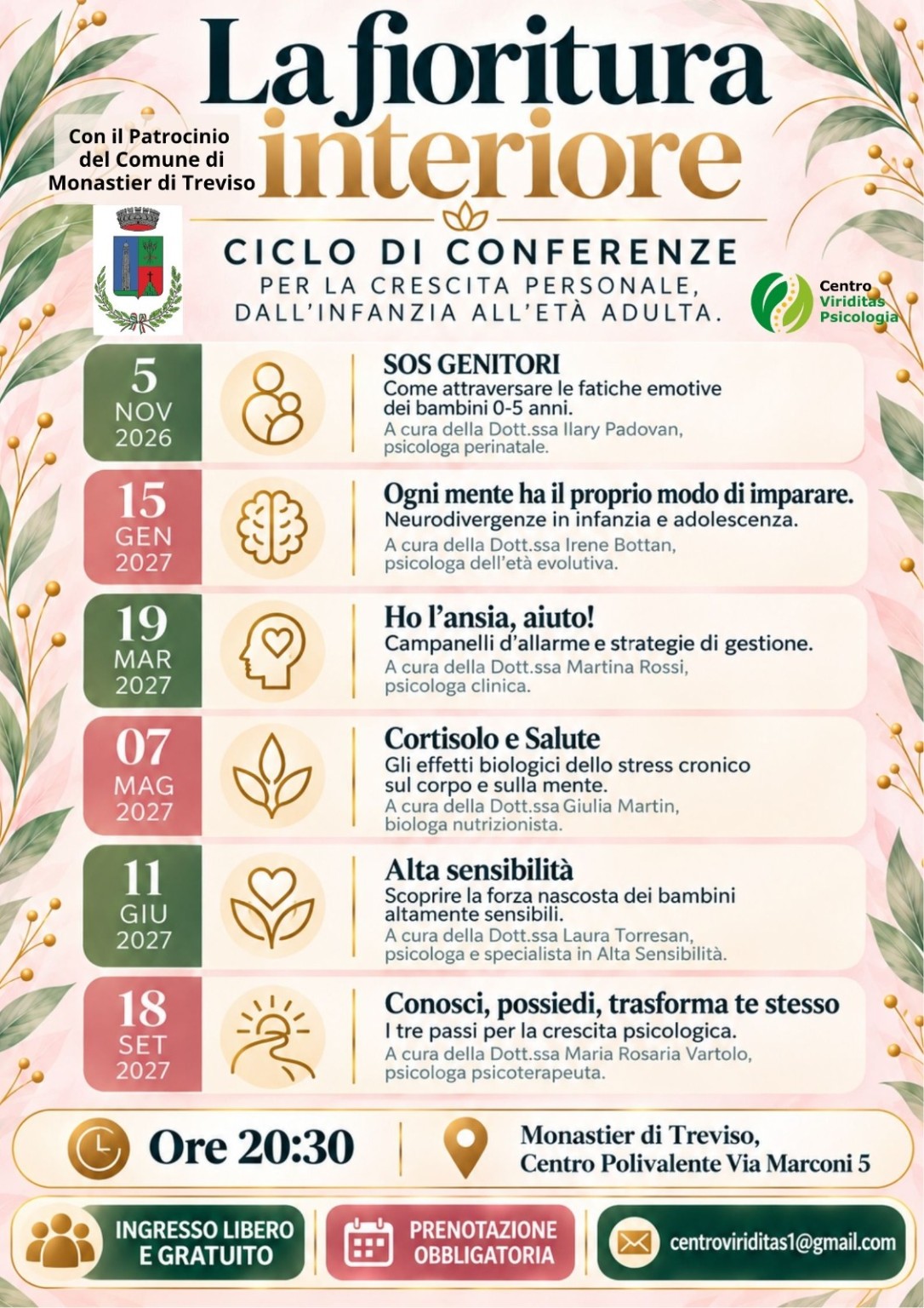 La fioritura interiore: programma di sei conferenze gratuite a Monastier di Treviso, dal 5 novembre 2026 al 18 settembre 2027